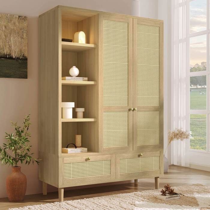 Armoire à 2 portes en rotin 120 x 50 x 180 cm Armoire de rangement avec 2 tiroirs étagère ouverte et tringle à vêtements Chêne
