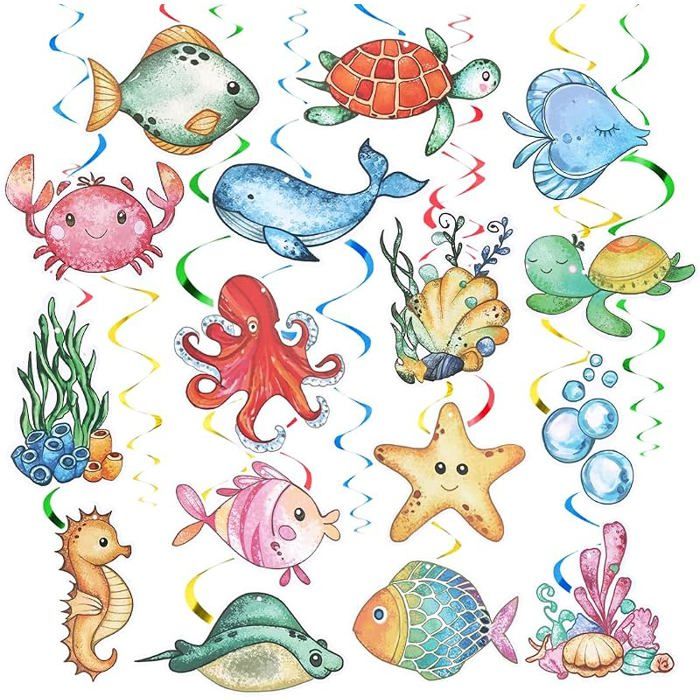 Décorations de Fête des Animaux Marins Tourbillons à Suspendre Décor de Fête anniversaire Poisson Couleur 6 KIT DE DECORATION