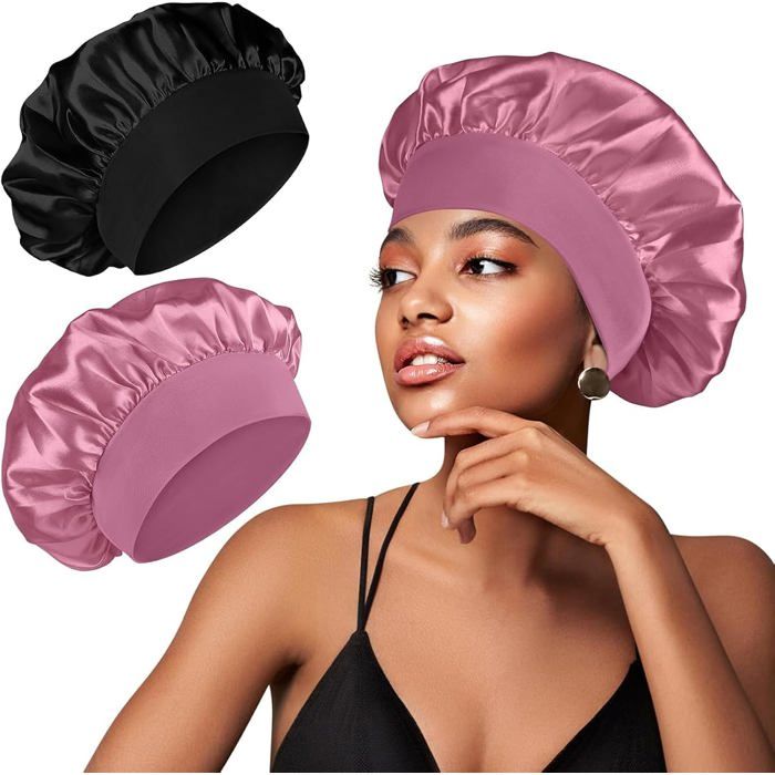 Lot de 2 Bonnets Satin Cheveux Nuit Bonnet Soie Ajustable Femme Cheveux Bouclés