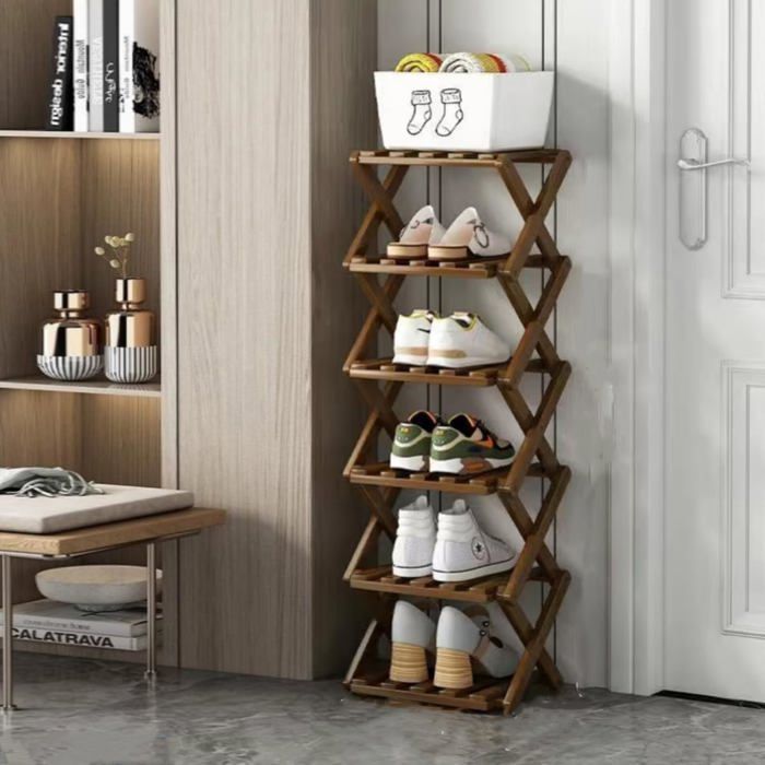 Porte-chaussures vertical pliable en bambou - 6 niveaux étroit et multifonction finition marron gain de place