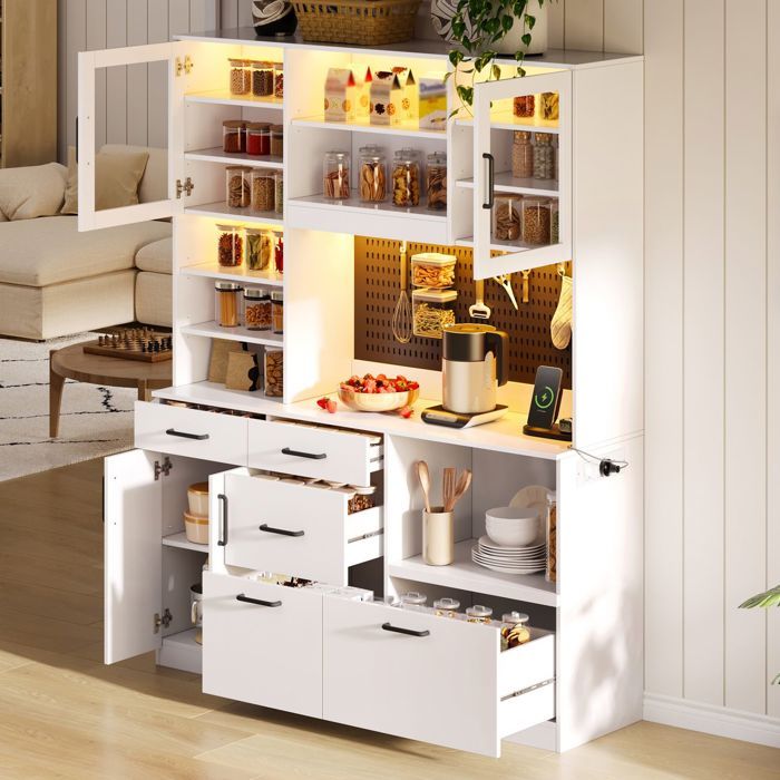 Buffet de cuisine - WESTYLE - Buffet 185 x 145 x 40 cm - 5 tiroirs - Prise intégrée & LED - Étagères réglables
