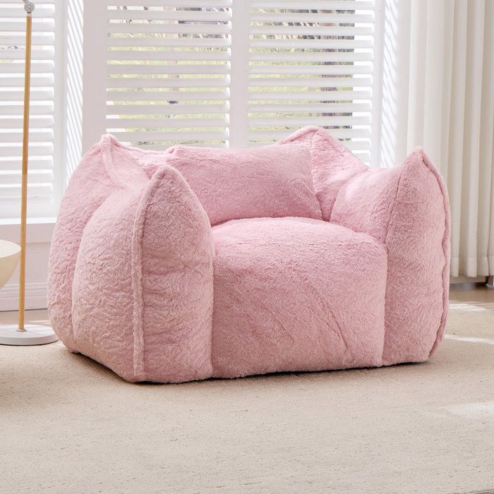 Fauteuil pouf géant rose en faux fur avec coussin sans montage 1 place