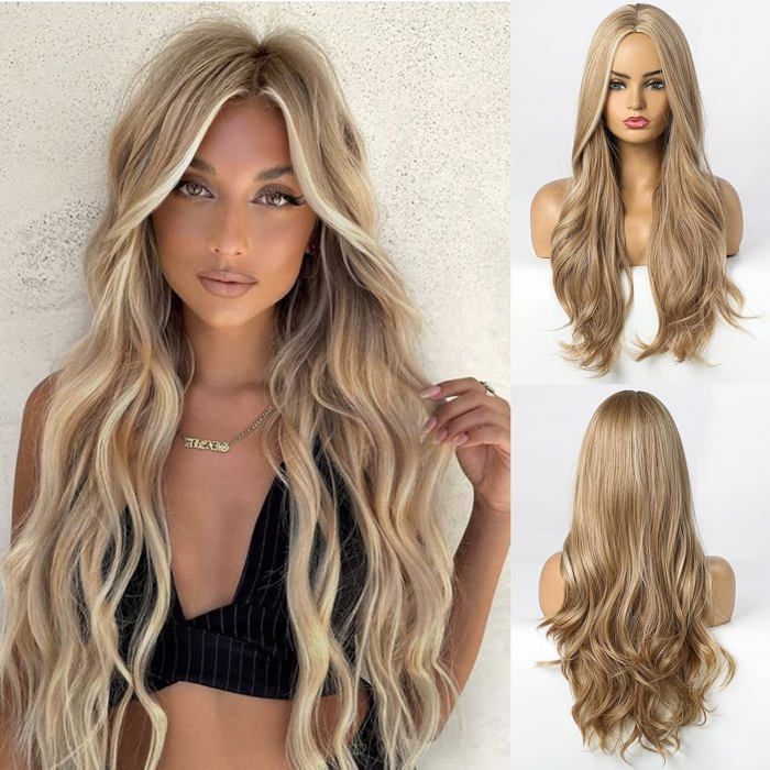 Longue Perruque Blonde Pour Les Femmes Perruques Naturelles De La Partie Moyenne Des Cheveux Bouclés Ondulés Utilisation Quotidien