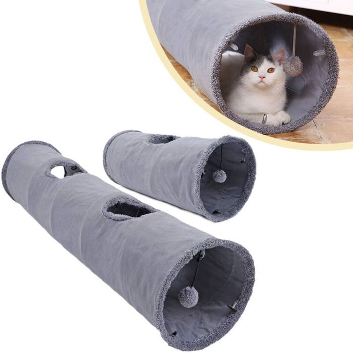 Tunnel pour Chat avec Balle de Jeu 30 x 130 cm et 30 x 67cm Tunnel de Jeu Pliable et Extensible en Fausse Lin Facile dentretien