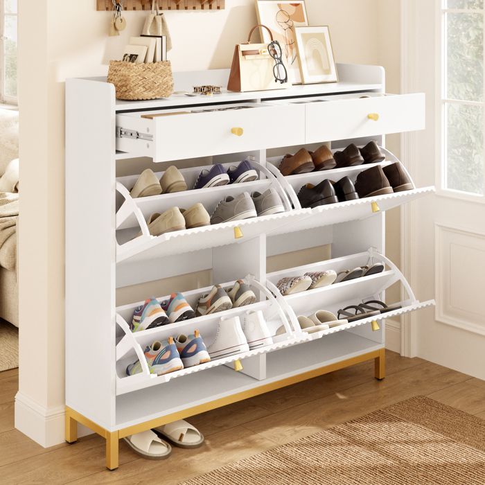 Meuble à Chaussures 4 Abattants avec 2 Tiroirs Range-Chaussures Étroit 106 5 × 25 × 107 cm Blanc Meuble à Chaussures 4 Abattants avec 2 Tiroirs Range-Chaussures Étroit 106 5 × 25 × 107 cm Blanc
