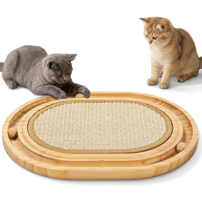 Interactif 2-en-1 Griffoir pour Chat sisal Ovale Circuit de Balle en Bois avec 3 Billes Roulantes Tapis griffoir Chat
