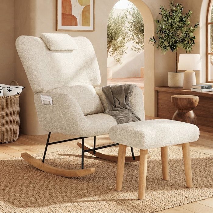 Fauteuil à bascule avec repose-pieds fauteuil de relaxation avec poches latérales et coussin lombaire Laine d’agneaubeige
