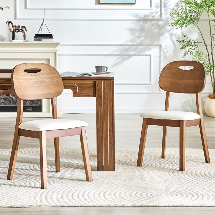 Lot de 2 chaises de salle à manger en bois massif avec dossier ovale à poignée et assise rembourrée en similicuir blanc