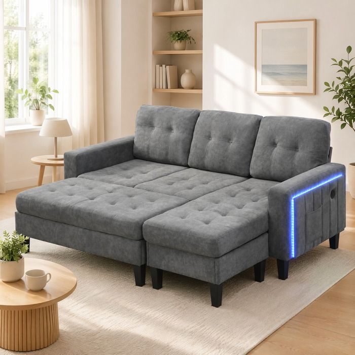 Canapé dangle modulable convertible 3 places 185x135x85 cm tissu chenille gris LED USB FOLYNA