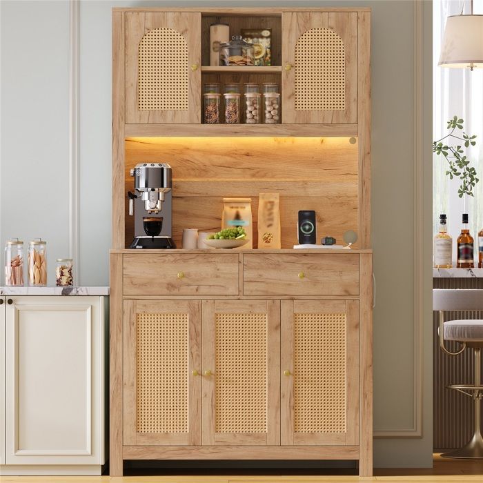 Meuble de cuisine 100x40x180 cm Naturel MDF avec LED prises USB 5 portes en rotin et 2 tiroirs