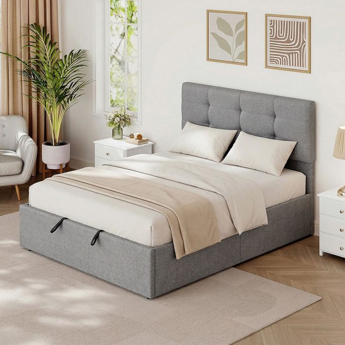 Lit coffre - CRESTA - Lit coffre 140x190 cm - Tissu lin gris - Sommier à lattes bois - Coffre de rangement Lit coffre - CRESTA - Lit coffre 140x190 cm - Tissu lin gris - Sommier à lattes bois - Coffre de rangement