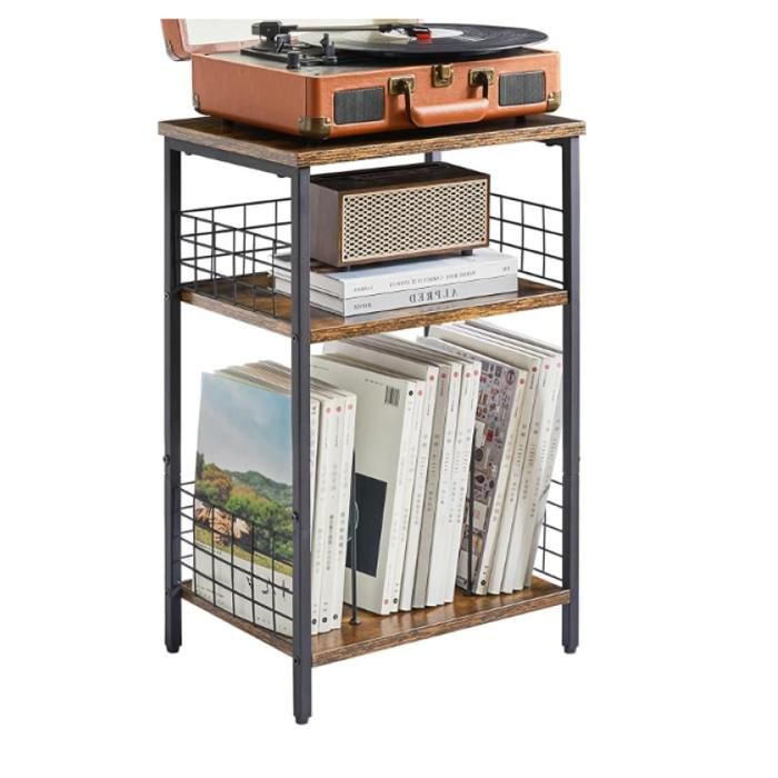 Table de Chevet Bout de canapé Meuble Tourne Disque Vinyle Table d’Appoint 3 Niveaux Rangement Support 40×29×62.5CM Marron