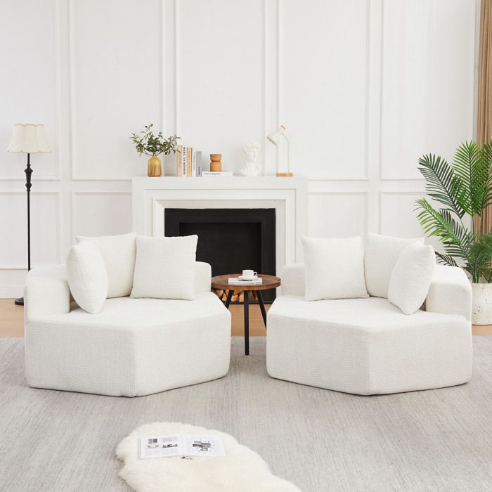 MEULVA Fauteuil lounge hexagonal modulable en chenille bouclée beige avec 3 coussins