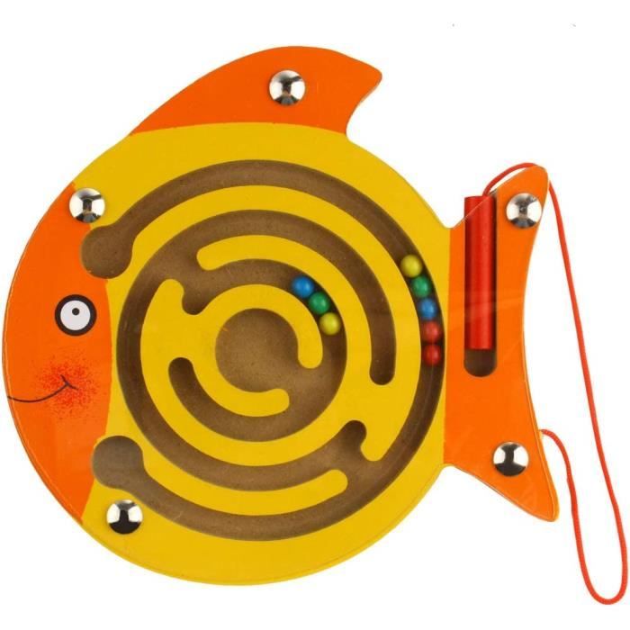 AMOUNE Mini Animaux Jeu de Puzzle Magnétique Labyrinthe Jouet en Bois à  Bord pour Enfants (Poisson)
