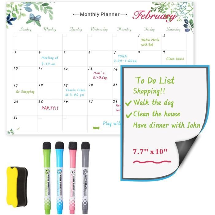 SURFOU Calendrier Magnétique Frigo A3 - Planificateur Mensuel Familial Effaçable, To-Do List & Listes De Courses, Avec 4 Marqueurs Et Effaceur