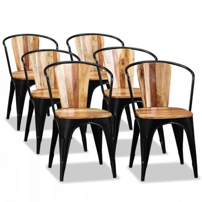 Lot de 6 chaises en métal et bois d’acacia massif noir/naturel