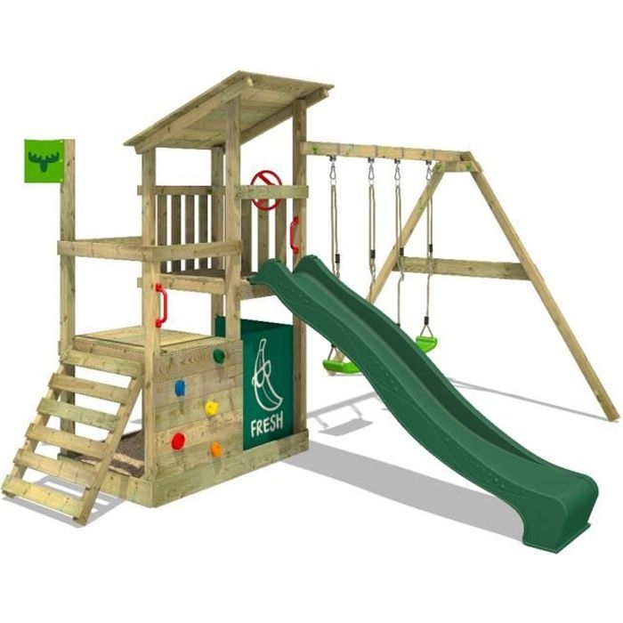 Aire de jeux en bois FATMOOSE FruityForest avec balançoire et toboggan vert pour enfants de 3 à 12 ans