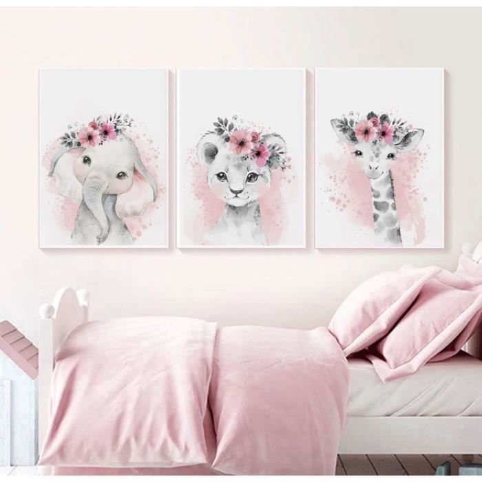 Affiches Personnalisées Animaux Pour Chambre Bébé Fille - 3 Posters Safari 30x40cm - Girafe, Éléphant, Lion