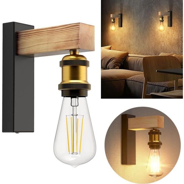 E27 Applique Murale Intérieur Zaku Lampe Murale Industrielle Vintage Plafonnier Rétro avec Bois Design Laiton Douille