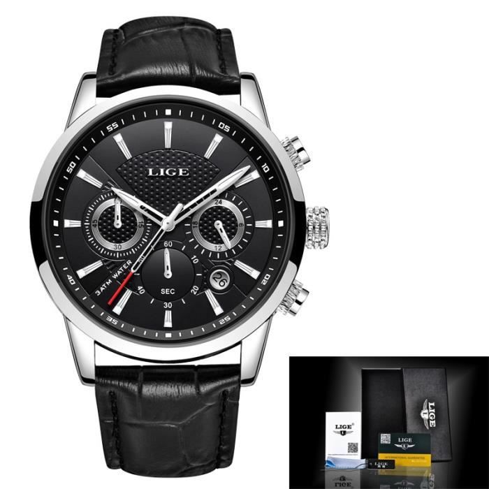 Montre Bracelet LIGÉ Sport En Cuir Noir - Cadran Et Boîtier Doré Et Noir - Neuf Sans étiquette