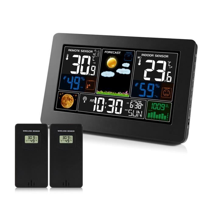 Station météo sans fil avec 3 capteurs extérieurs - thermomètre numérique lcd - rcc - humidité baromètre réveil prévisions météorologiques et snooze affichage heure date 9HOM10420