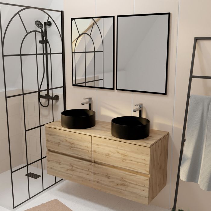 Meuble Salle de Bains 120cm 4 Tiroirs Chêne Naturel 2 Vasques Noires Ø36cm et 2 Miroirs 55x75 cm