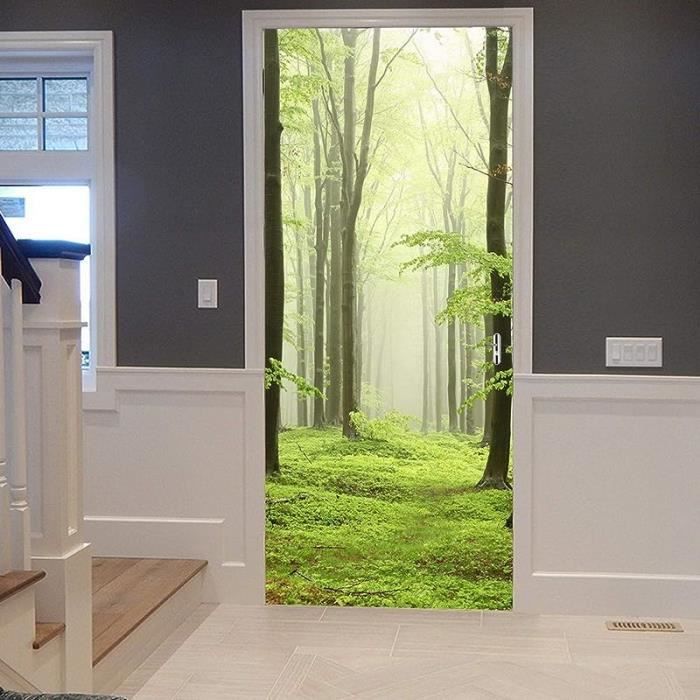 Sticker Porte Aquarelle Arbres Automne - 90x200 Cm, PVC - Autocollant Mural Amovible, Décoration Salon/chambre - 4