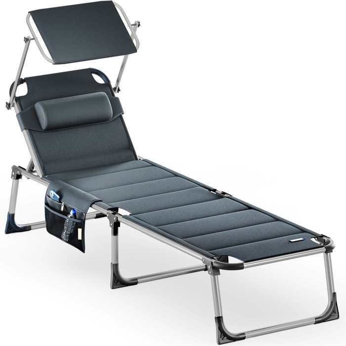 Chaise Longue XXL Bari 210 Cm Aluminium Gris – Pare-Soleil Réglable, Coussin Mousse 10 Mm, Pliante & Résistante UV