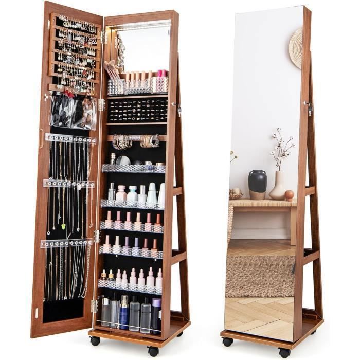 COSTWAY 3 en 1 Armoire à Bijoux LED sur Roulettes - Miroir Psyché sans Cadre - Étagères Réglables - Verrouillable - Marron