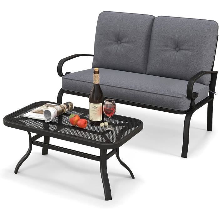 Banc De Jardin Extérieur 2 Places 126x60x85 Cm - Dossier Fer Ajouré Papillon, Design élégant - Pour Terrasse, Patio, Parc, Noir