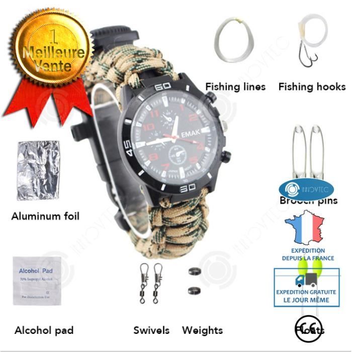 Montre Paracorde Militaire Homme Avec Boussole - Bracelet Camouflage Gris - Neuf Sans Étiquette