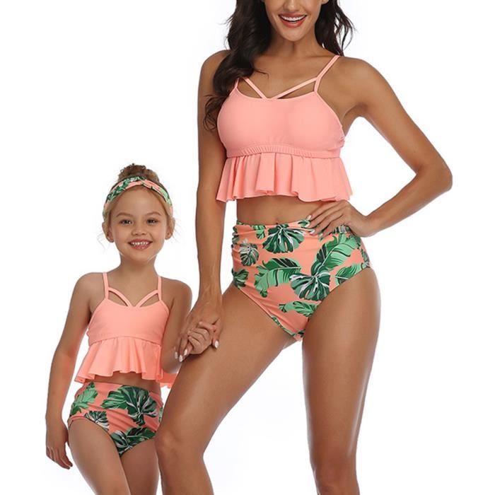 Maillot De Bain 2 Pieces Mere Et Fille Plage Bikini Set A Volants Vintage Maillot De Bain Biniki Taille Haute Orange Enfant 140 Orange Cdiscount Pret A Porter