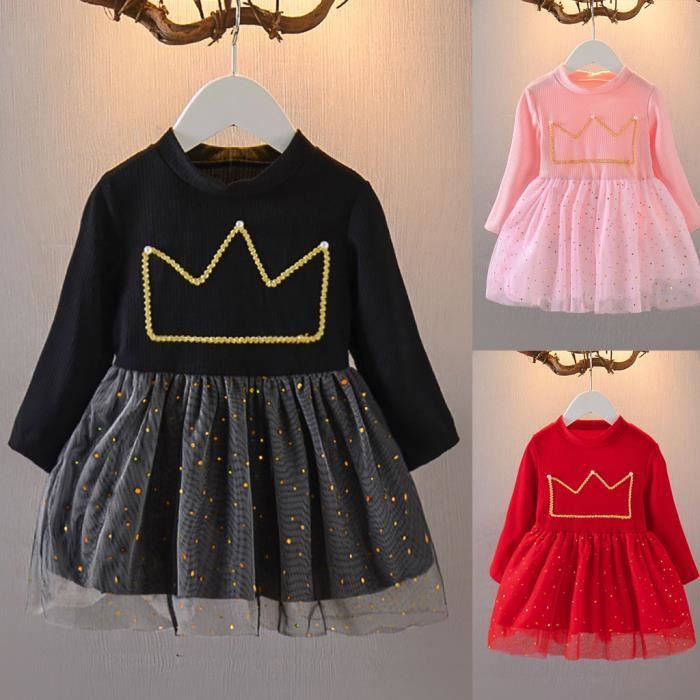 Robe de princesse fille manches longues robe de gaze d'?�pissage de couleur pure rouge 9713 Rouge 