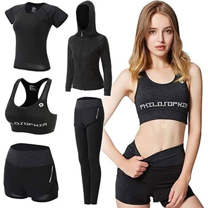 Survêtement Femme Ensembles Sportswear 5 Pièce Costumes de Sport Gym Yoga Athletisme Fitness Jogging Survêtement Tenue de Sport Noir