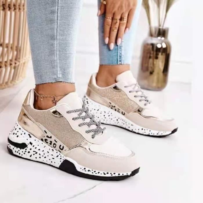DQS Femmes Baskets Nouvelle Mode imprimé léopard Chaussures de Sport pour  Femmes en Plein air Joggers Chaussures pour Femmes à Lacets Bas épais