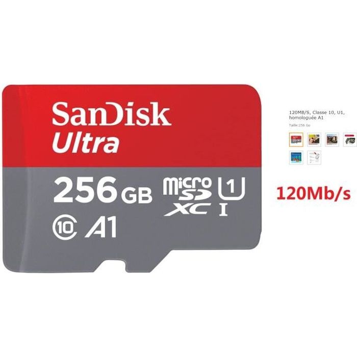 SanDisk Carte Mémoire microSDXC Ultra Vitesse de Lecture Allant jusqu'à 120MB/ Classe 10 U1 homologuée A1