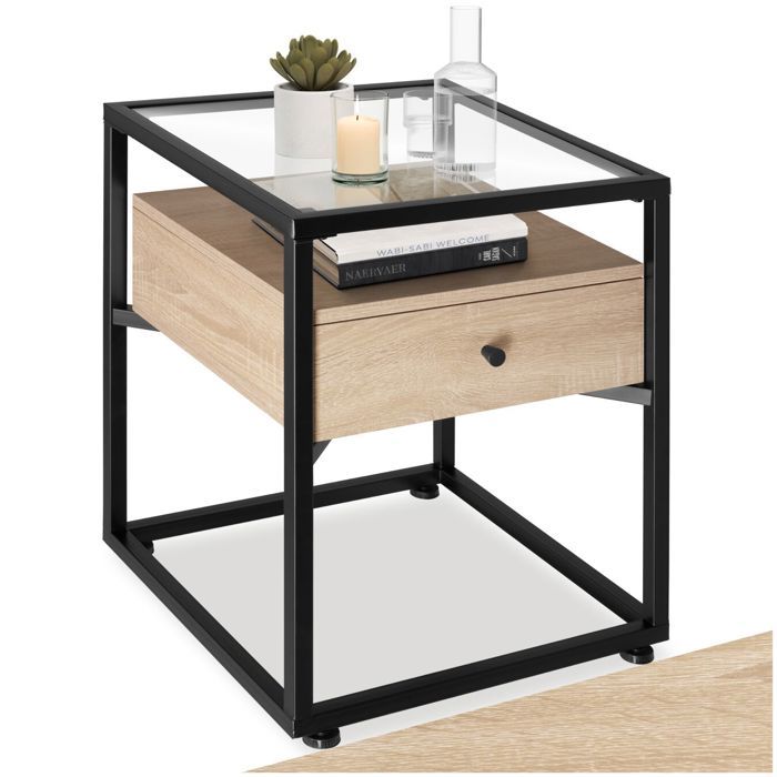 Table dappoint - TECTAKE - Table de chevet PRESTON avec plaque en verre et tiroir en bois et acier 43 x 45 x 54 5 cm - Bois clair Table dappoint - TECTAKE - Table de chevet PRESTON avec plaque en verre et tiroir en bois et acier 43 x 45 x 54 5 cm - Bois clair