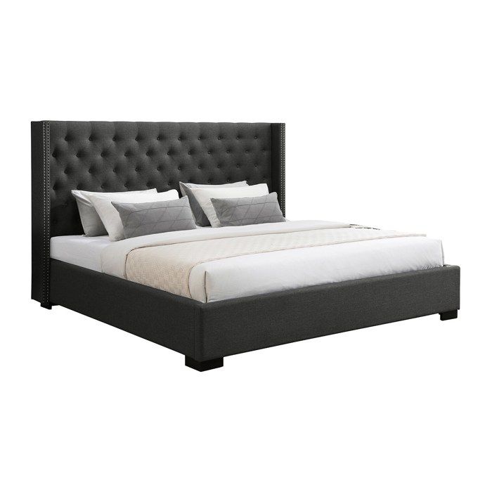 Lit 200 x 200 cm avec tête de lit capitonnée - Tissu - Gris - MASSIMO Lit 200 x 200 cm avec tête de lit capitonnée - Tissu - Gris - MASSIMO