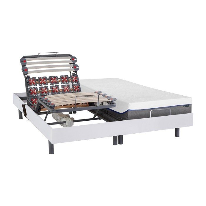Lit électrique de relaxation lattes et plots + matelas mémoire de forme - 2 x 80 x 200 cm - Blanc - DIONYSOS de YSMÉE Lit électrique de relaxation lattes et plots + matelas mémoire de forme - 2 x 80 x 200 cm - Blanc - DIONYSOS de YSMÉE