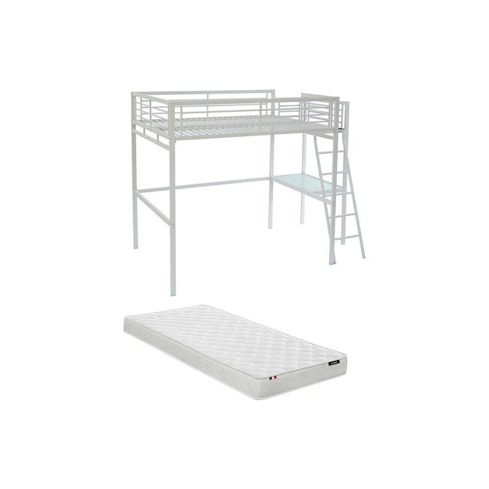 Lit mezzanine CASUAL II - 140 x 190 cm - plateforme bureau - Blanc + matelas