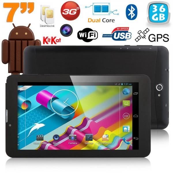 Tablette 3G 7 pouces GPS OTG Android 4.4 Double SIM 68 Go Noir