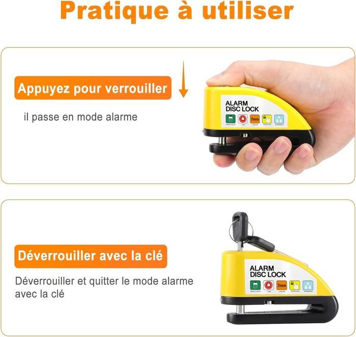 Antivol Moto Alarme 110 DB - Bloque Disque Rechargeable USB, Câble 1,5 M, 2 Clés, Universel - 7