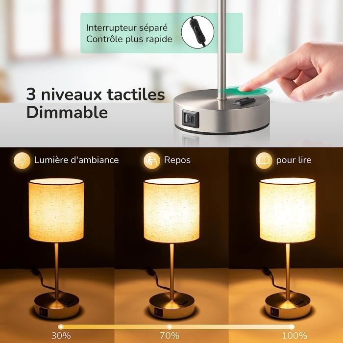 Lampe De Chevet Tactile, 3 Luminosité 2 Ports Usb (Usb-C+Usb-A) Et 1 Prise,  Abat-Jour En Tissu, 1 Ampoule Led Fournie, Lampe [H219] - Cdiscount Maison