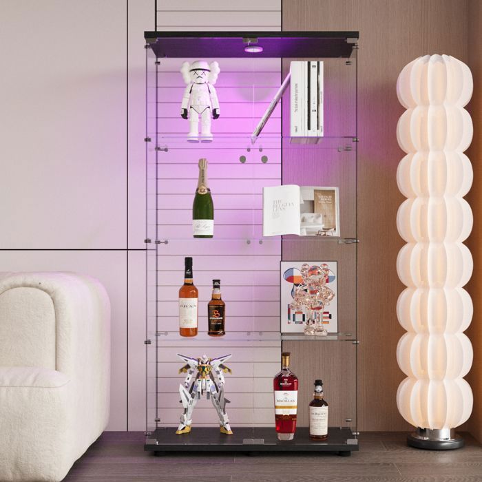 Vitrine En Verre Avec Bande LED RGB - Armoire Transparente Verrouillable, 4 étagères, Dimensions 163x78.5x35 Cm