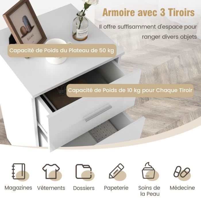 Table de Chevet en Bois avec 3 Tiroirs de Rangement Caisson de