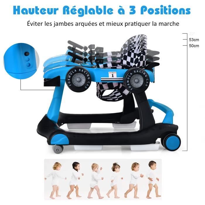 DREAMADE Trotteur Bébé Evolutif 3 en 1 Pliable avec Hauteur Réglable,  Musique et Lumière, Forme de Voiture, pour 6-18 Mois, Bleu - Cdiscount  Puériculture & Eveil bébé