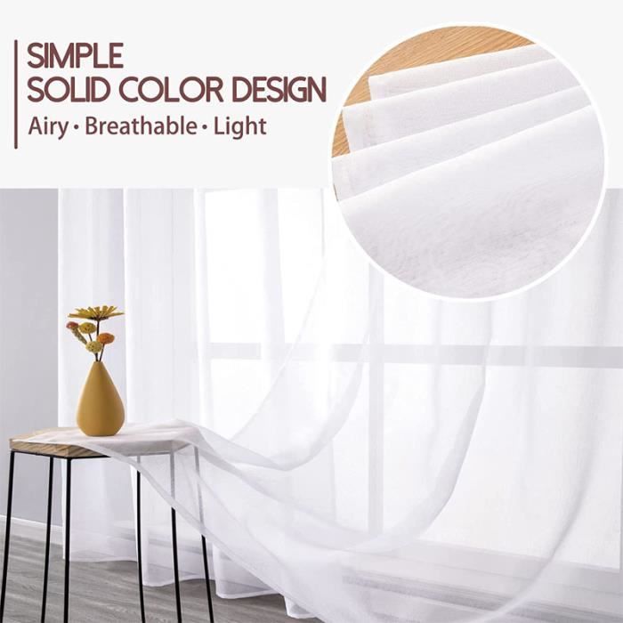 2 Rideaux Voilage Blanc 140x160 Cm Effet Lin - Œillets 4 Cm, Translucide, Pour Salon Ou Chambre