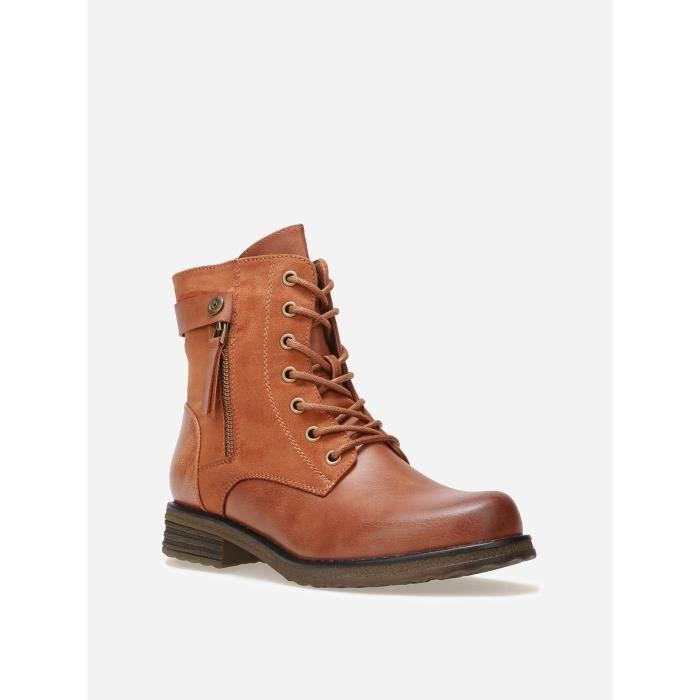 Bottines Femme Marque Multi matieres a lacets Couleur Camel Hauteur moyenne de tige Talon plat Camel Cdiscount Chaussures