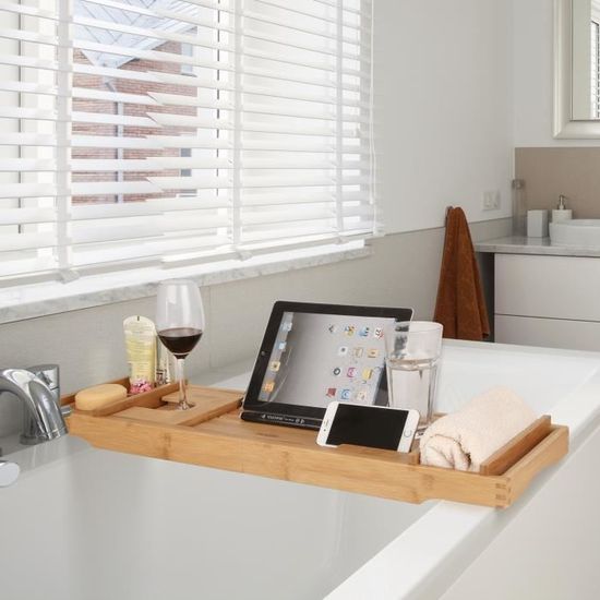 Plateau Baignoire Bambou Extensible 75-110cm - Porte-Gobelet & Support Tablet