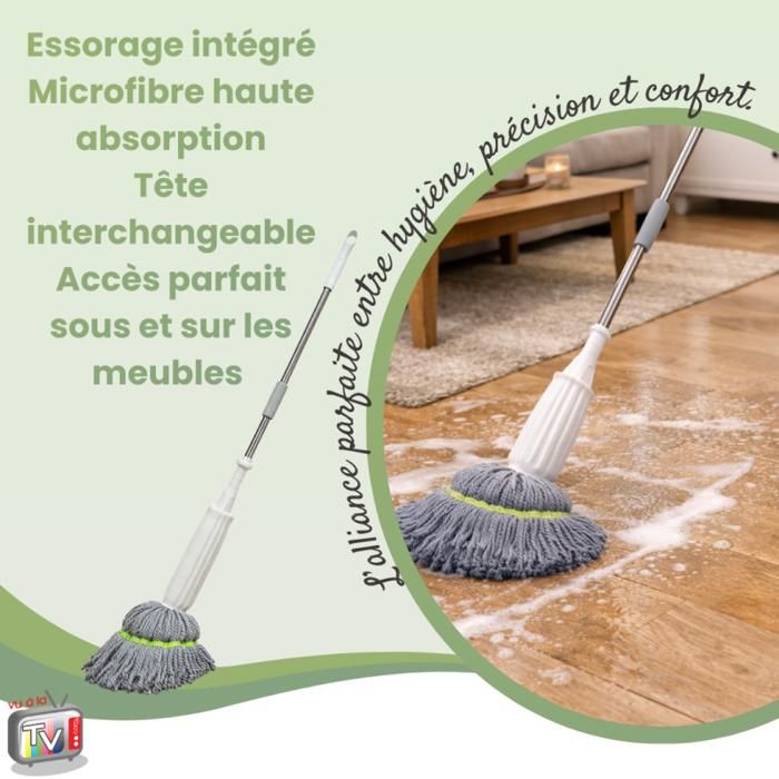 Balai Twist Ultra Absorbant Avec Manche Télescopique - Serpillière Microfibre 360° Pour Tous Types De Sols